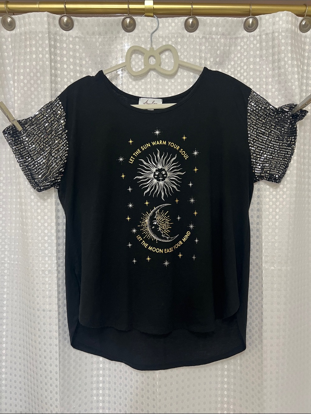 Women’s Black screen print Sun & Moon Graphic Top with Sparkle Sleeves